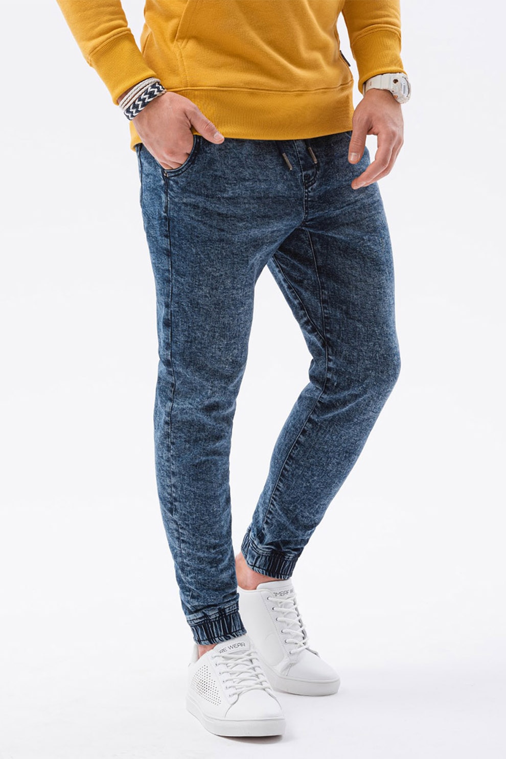 OMBRE, Pantaloni jogger slim fit din denim, Albastru