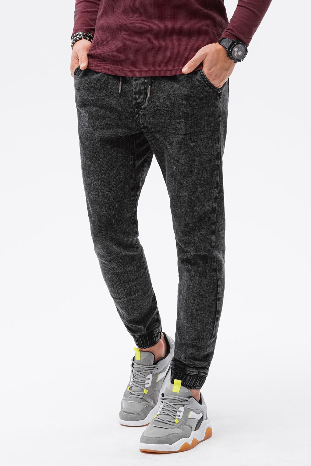 OMBRE, Pantaloni jogger slim fit din denim, Negru stins