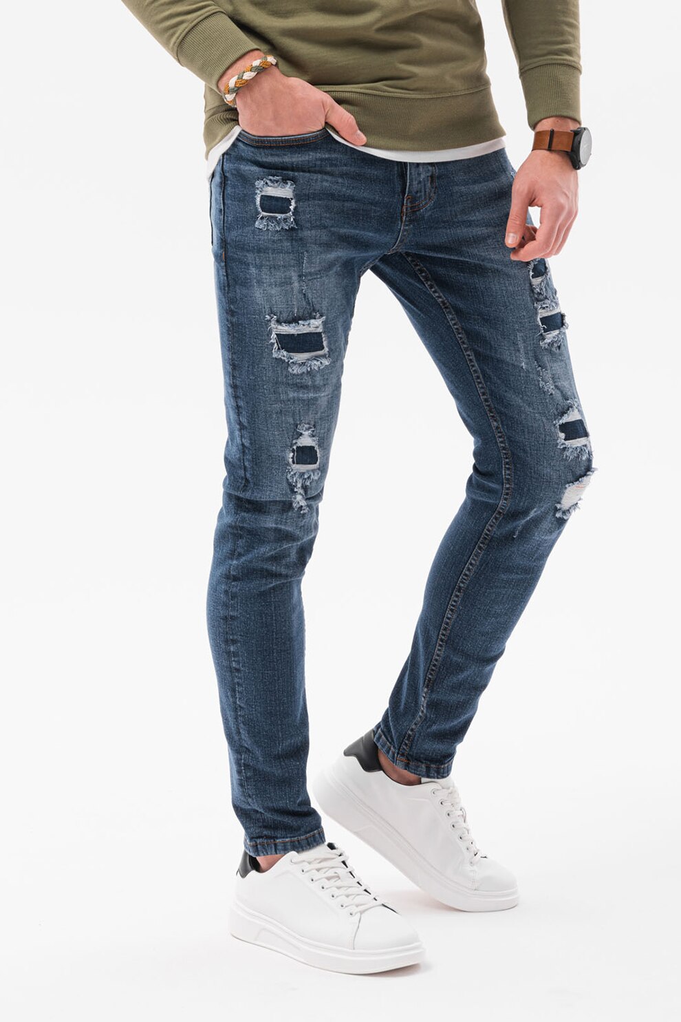 OMBRE, Blugi skinny cu aspect deteriorat, Albastru inchis