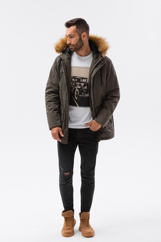 OMBRE, Geaca parka usoara cu garnitura din blana sintetica, Maro OMBRE, Geaca parka usoara cu garnitura din blana sintetica, Maro