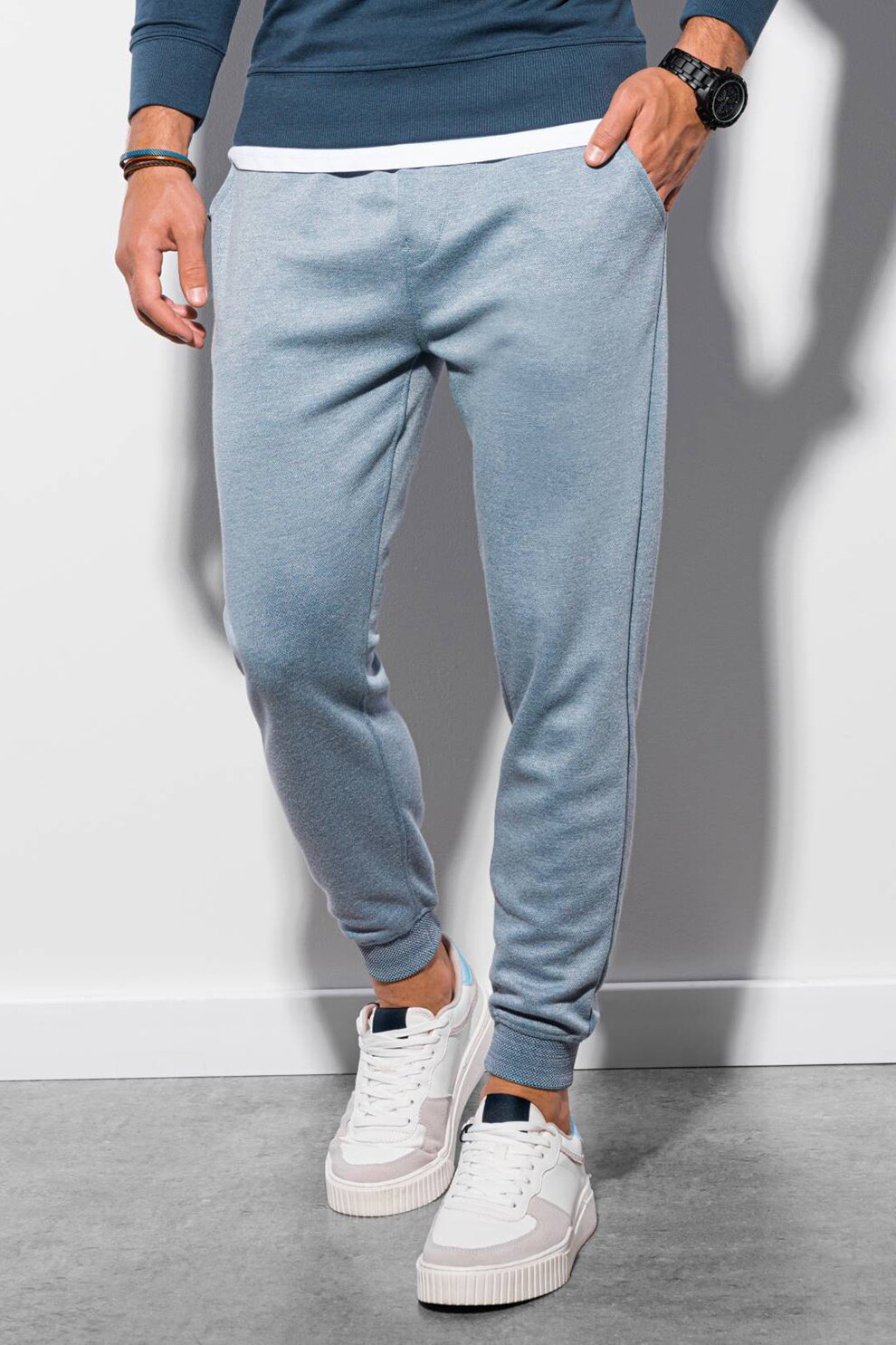 OMBRE, Pantaloni sport cu croiala conica si buzunare oblice, Albastru deschis