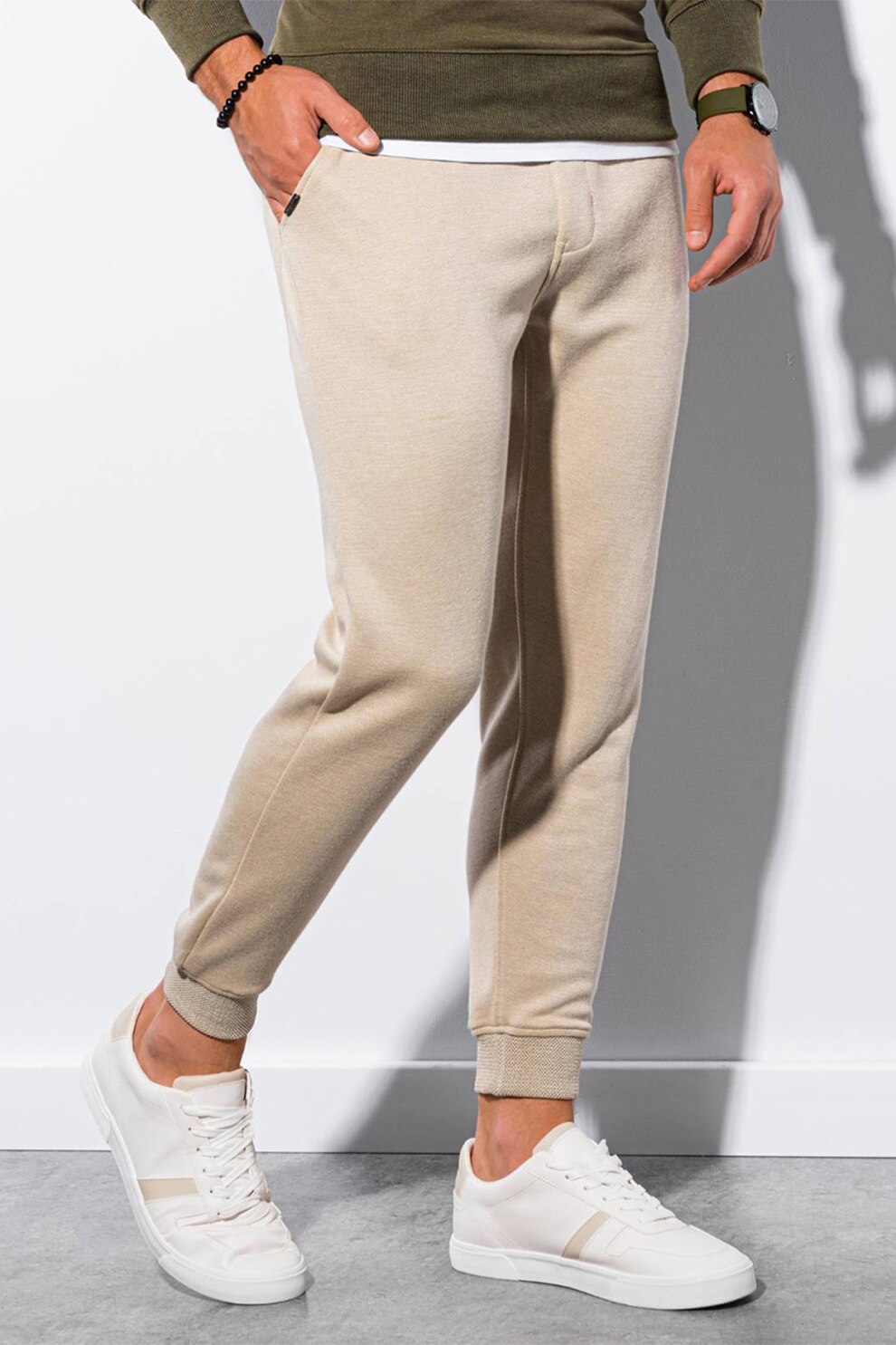 OMBRE, Pantaloni sport cu croiala conica si buzunare oblice, Bej deschis