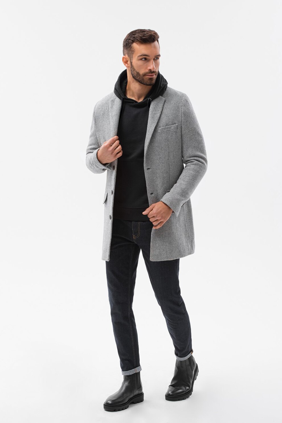 OMBRE, Palton cu revere decupate, Gri inchis/Alb prafuit