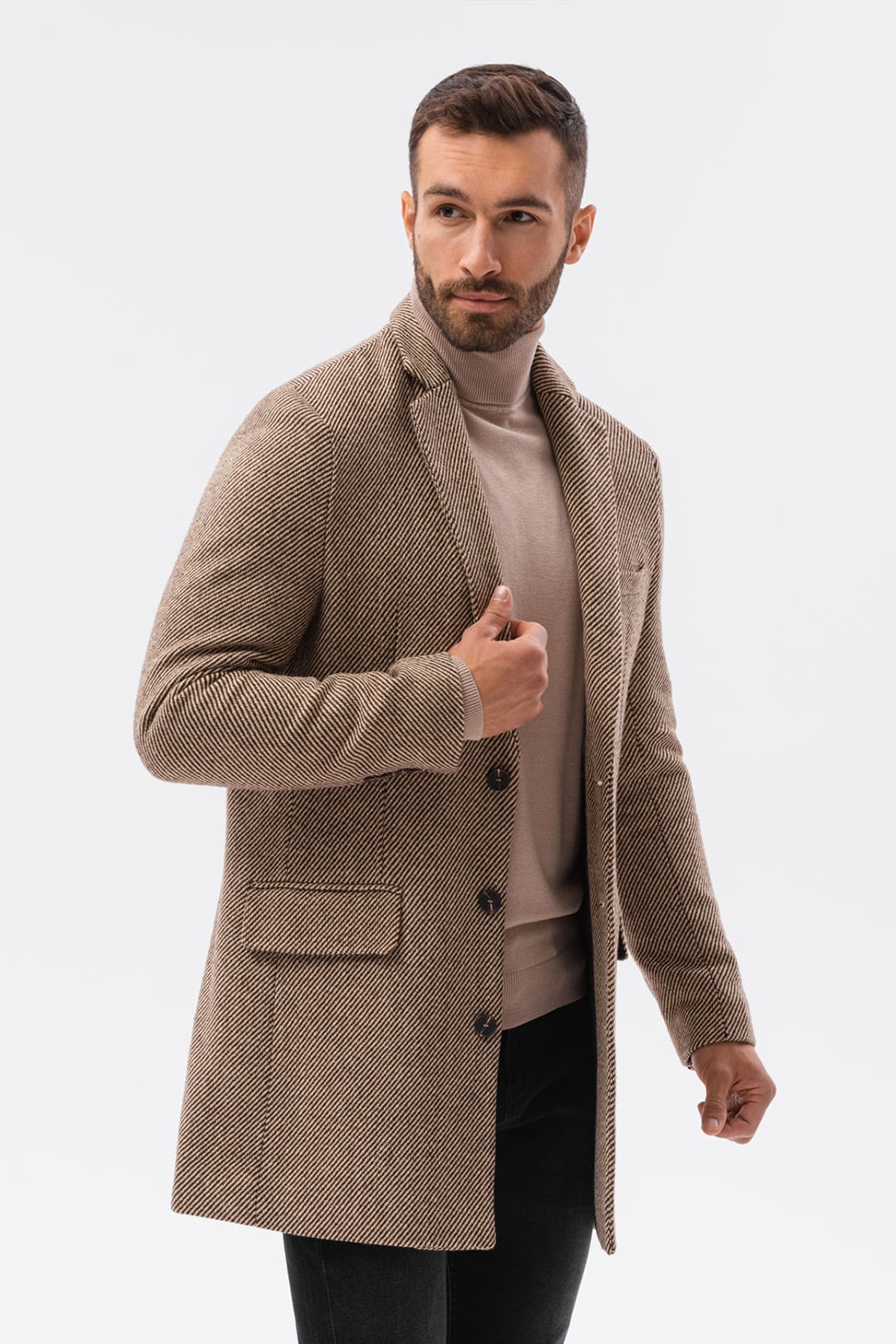 OMBRE, Palton cu revere decupate, Maro inchis/Maro camel