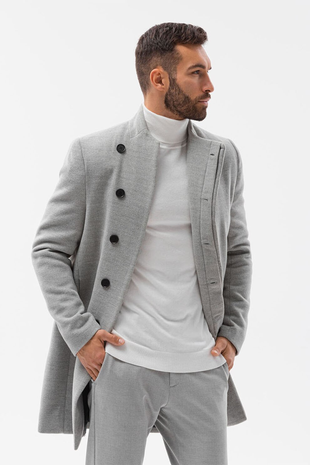 OMBRE, Palton lung cu nasturi, Gri melange