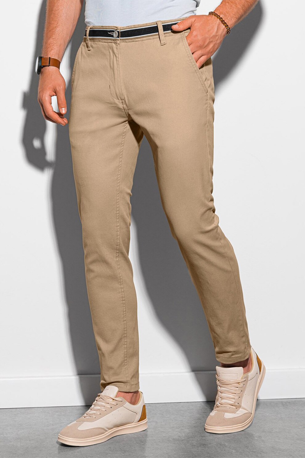 OMBRE, Pantaloni din amestec de bumbac cu detaliu contrastant, Bej
