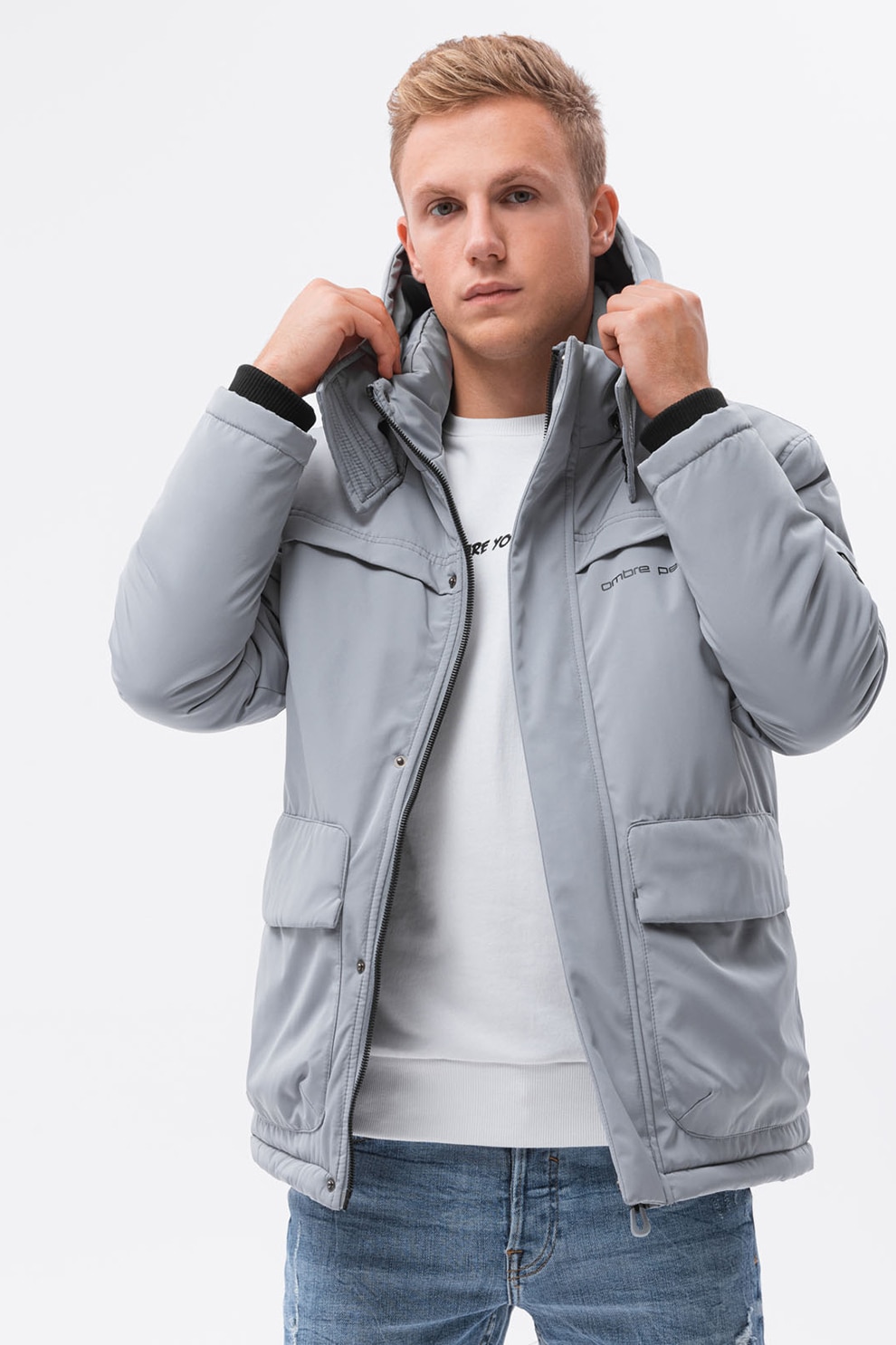 OMBRE, Geaca cu gluga si vatelina, Gri cenusa