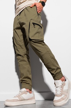 OMBRE, Pantaloni jogger cargo cu snur de ajustare in talie, Verde militar