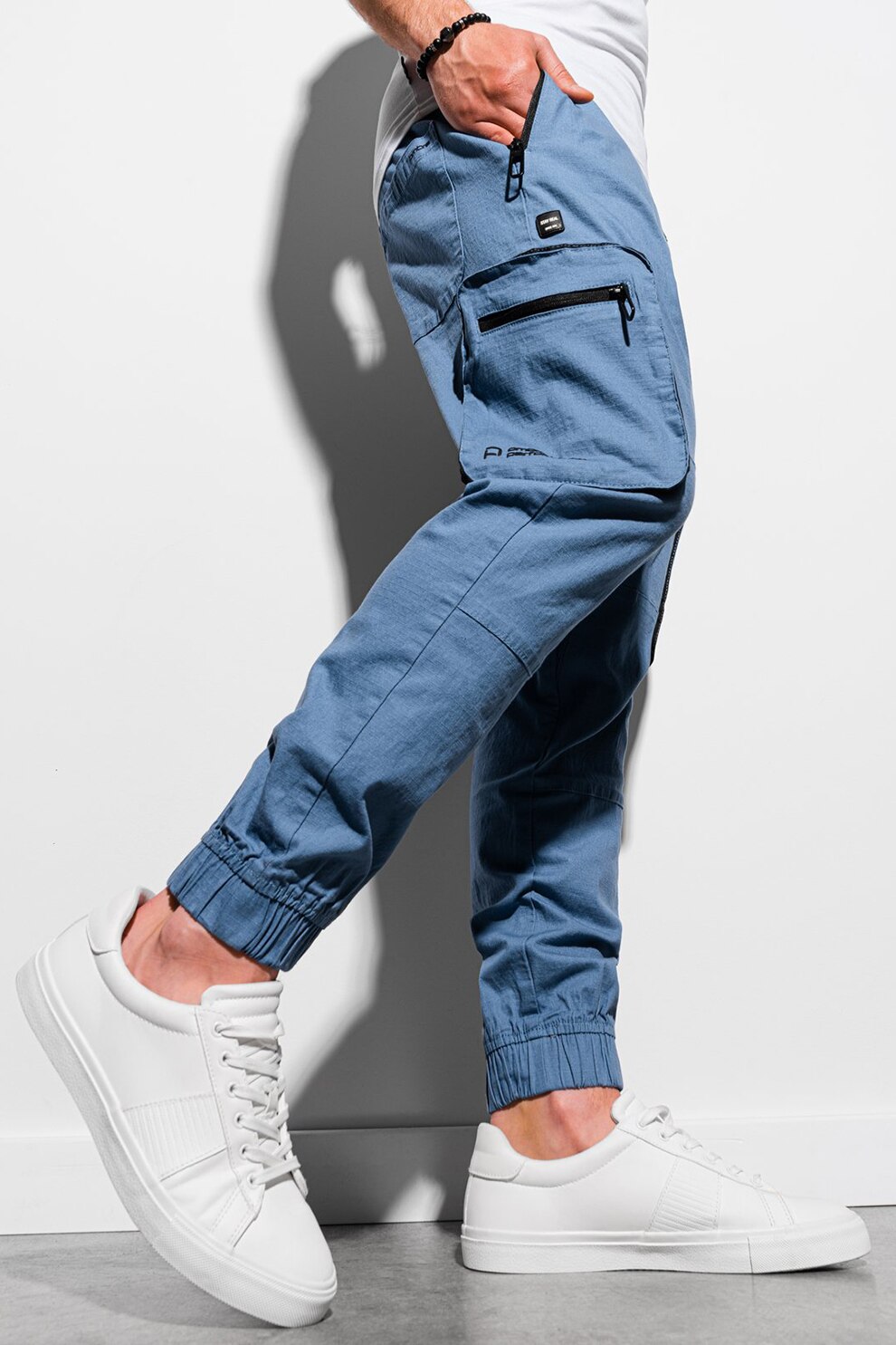 OMBRE, Pantaloni jogger cargo cu snur de ajustare in talie, Albastru