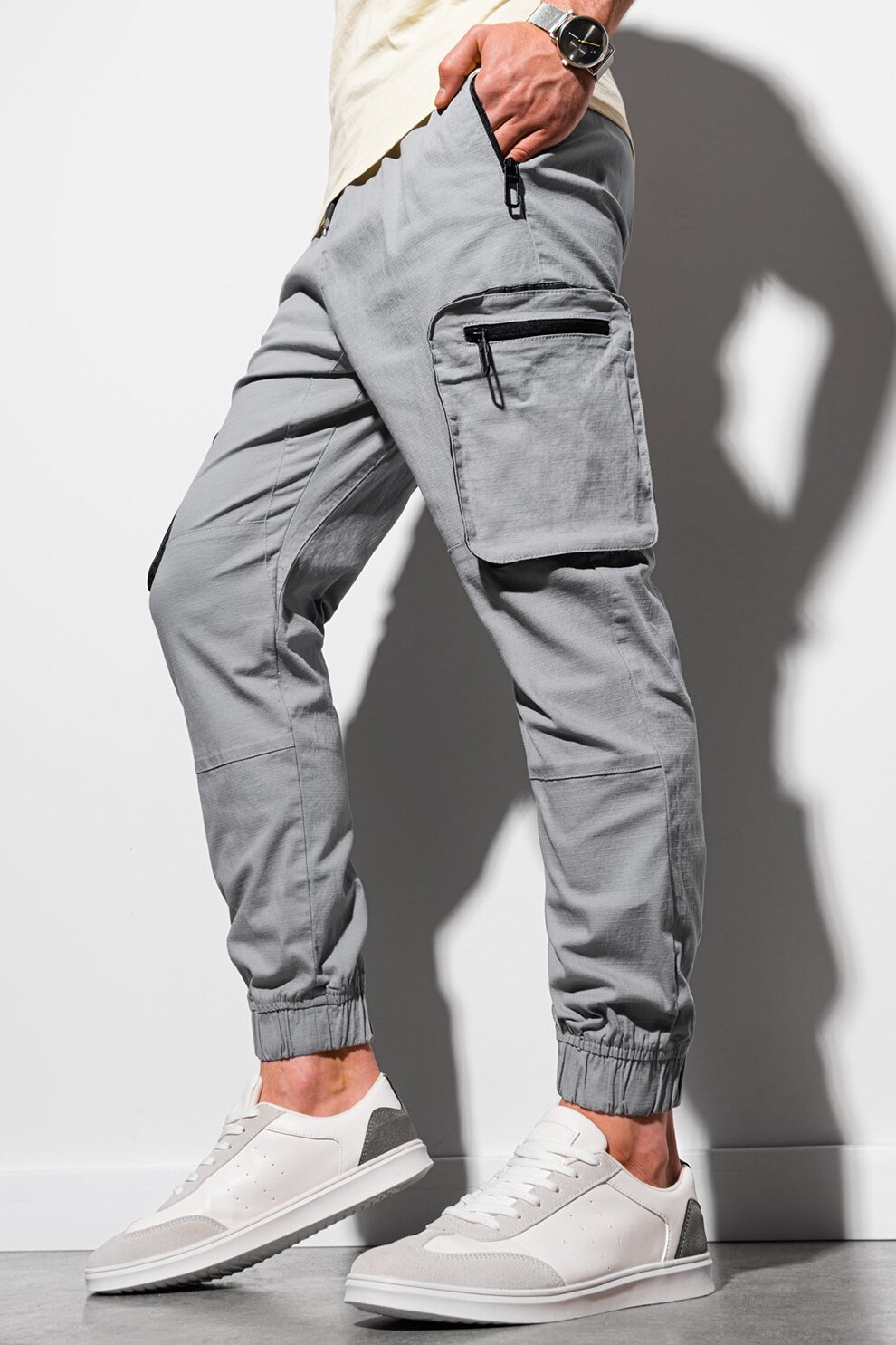 OMBRE, Pantaloni jogger cargo cu snur de ajustare in talie, Gri cenusa