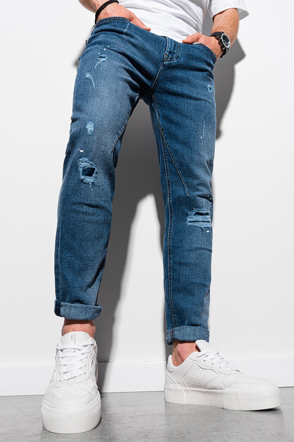 OMBRE, Blugi regular fit cu detalii cu aspect deteriorat, Albastru inchis