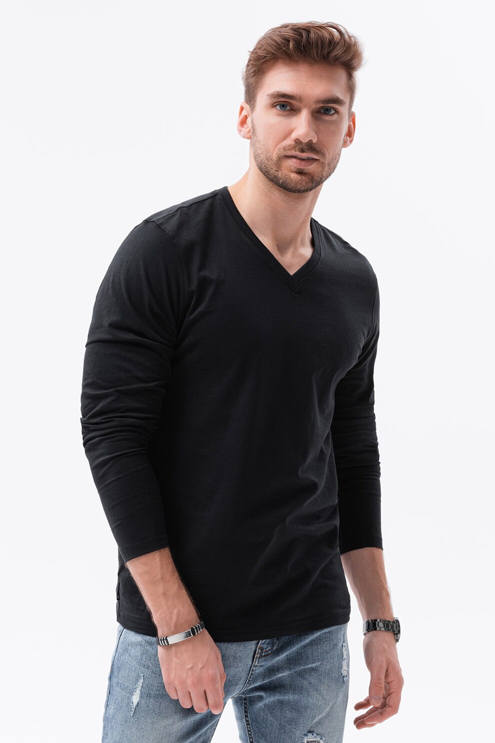 OMBRE, Bluza de bumbac cu decolteu in V, Negru