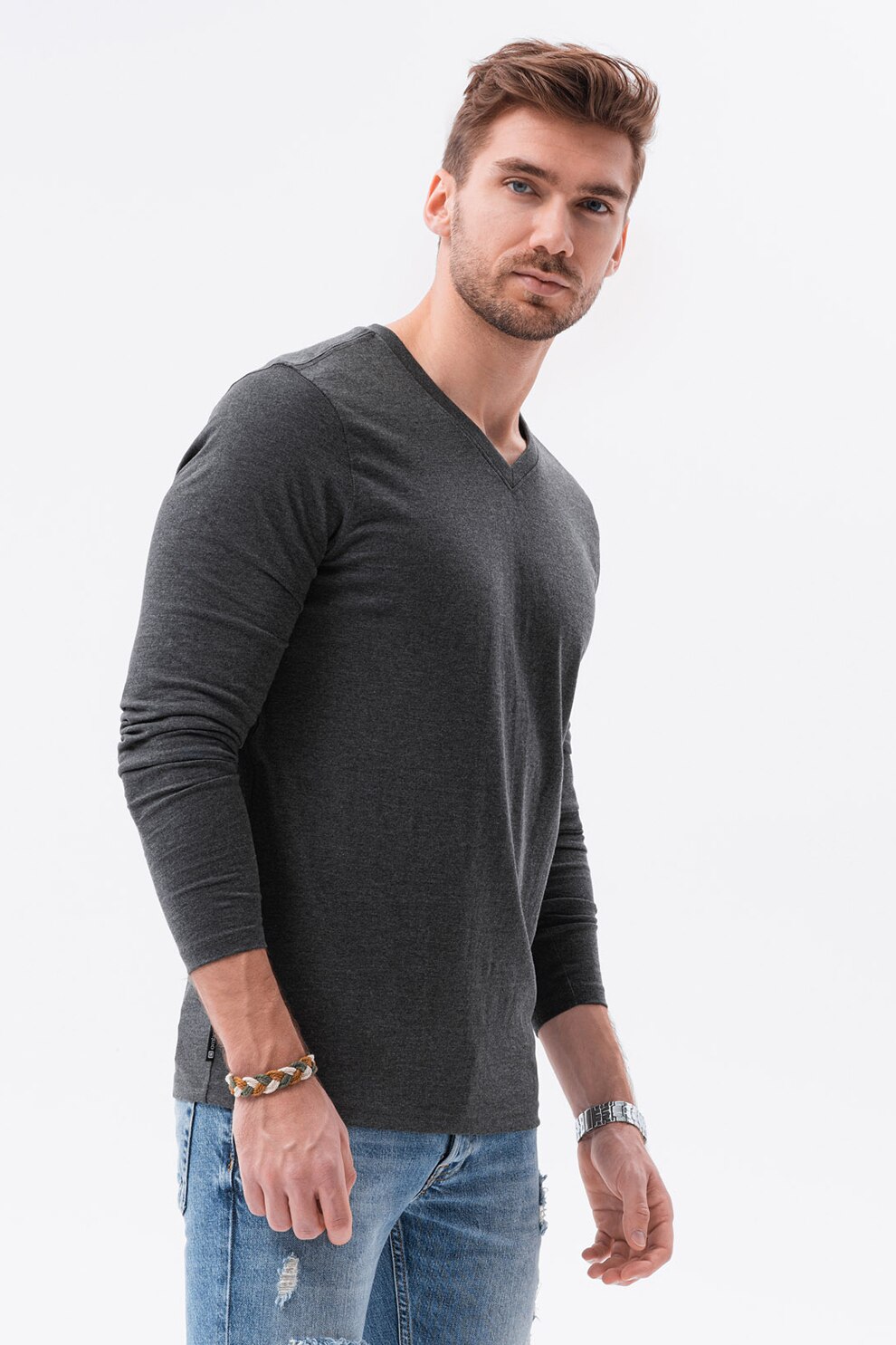 OMBRE, Bluza de bumbac cu decolteu in V, Gri inchis