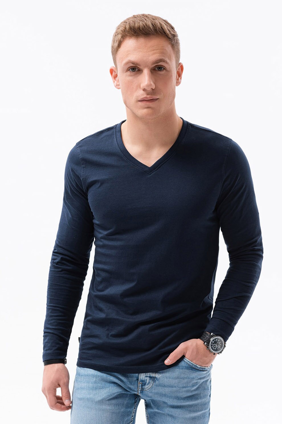 OMBRE, Bluza de bumbac cu decolteu in V, Bleumarin