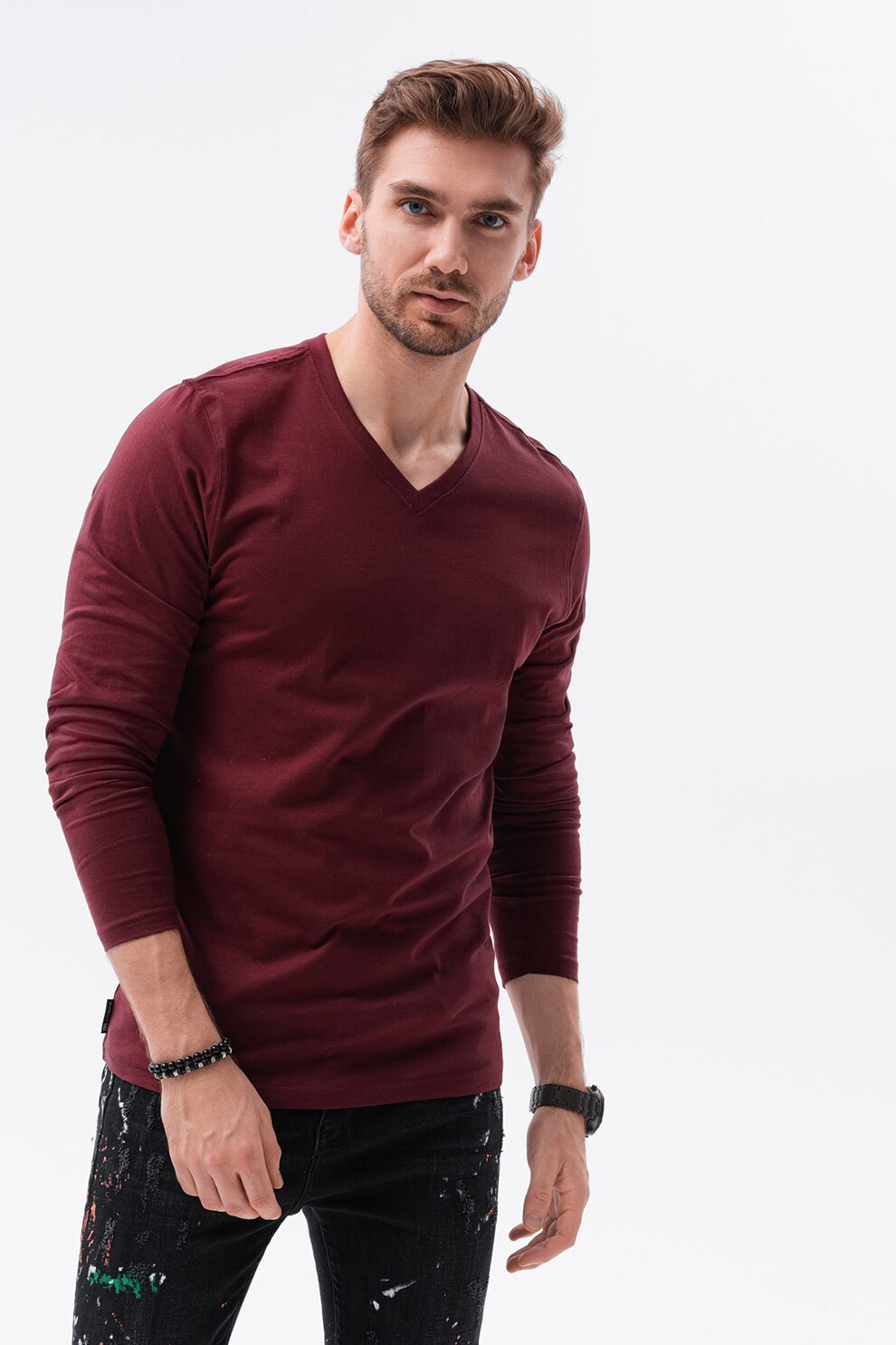 OMBRE, Bluza de bumbac cu decolteu in V, Visiniu