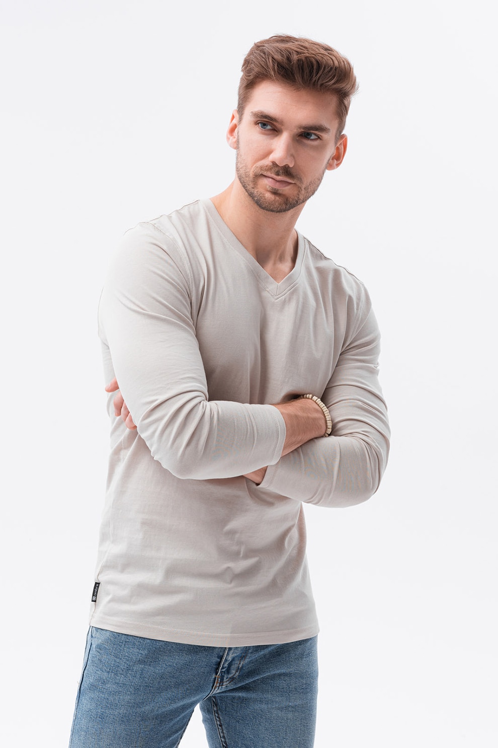 OMBRE, Bluza de bumbac cu decolteu in V, Gri deschis