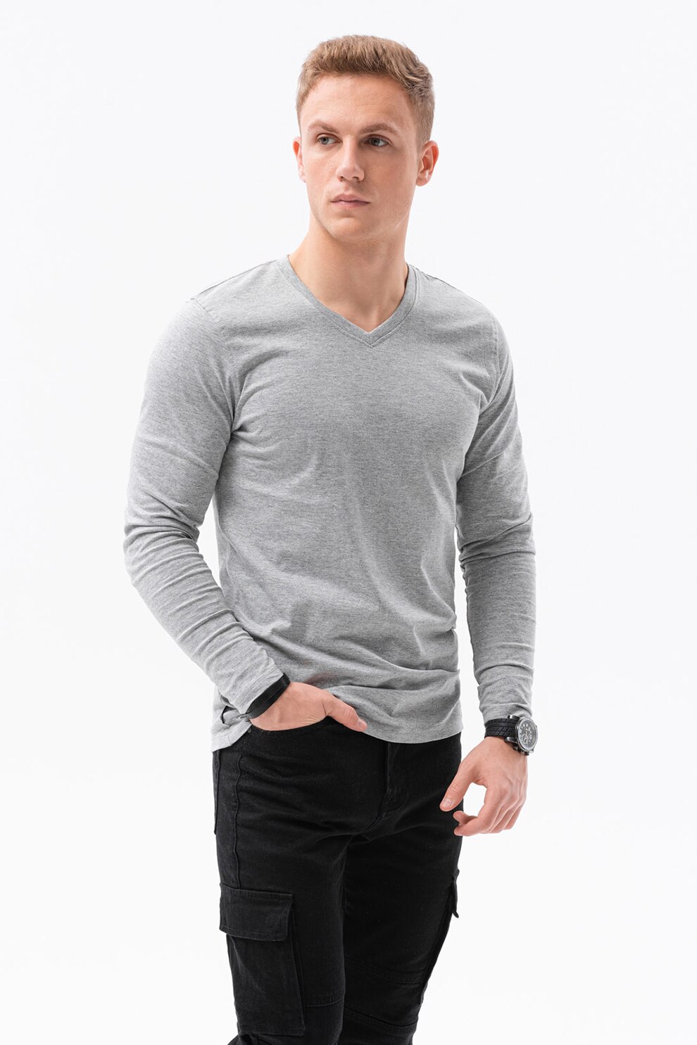 OMBRE, Bluza de bumbac cu decolteu in V, Gri melange