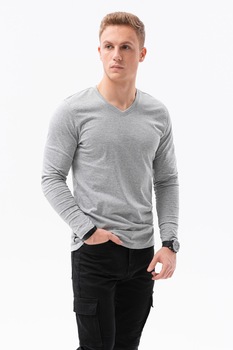 OMBRE, Bluza de bumbac cu decolteu in V, Gri melange OMBRE, Bluza de bumbac cu decolteu in V, Gri melange