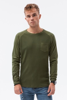 OMBRE, Bluza cu maneci raglan si buzunar aplicat pe piept, Verde militar