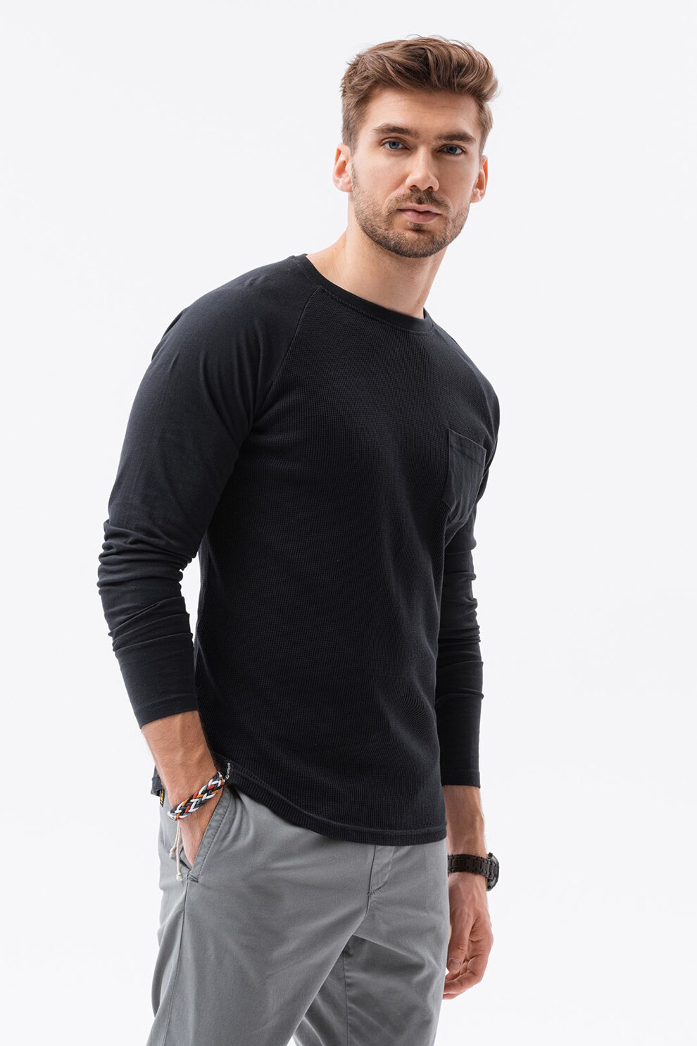 OMBRE, Bluza cu maneci raglan si buzunar aplicat pe piept, Negru