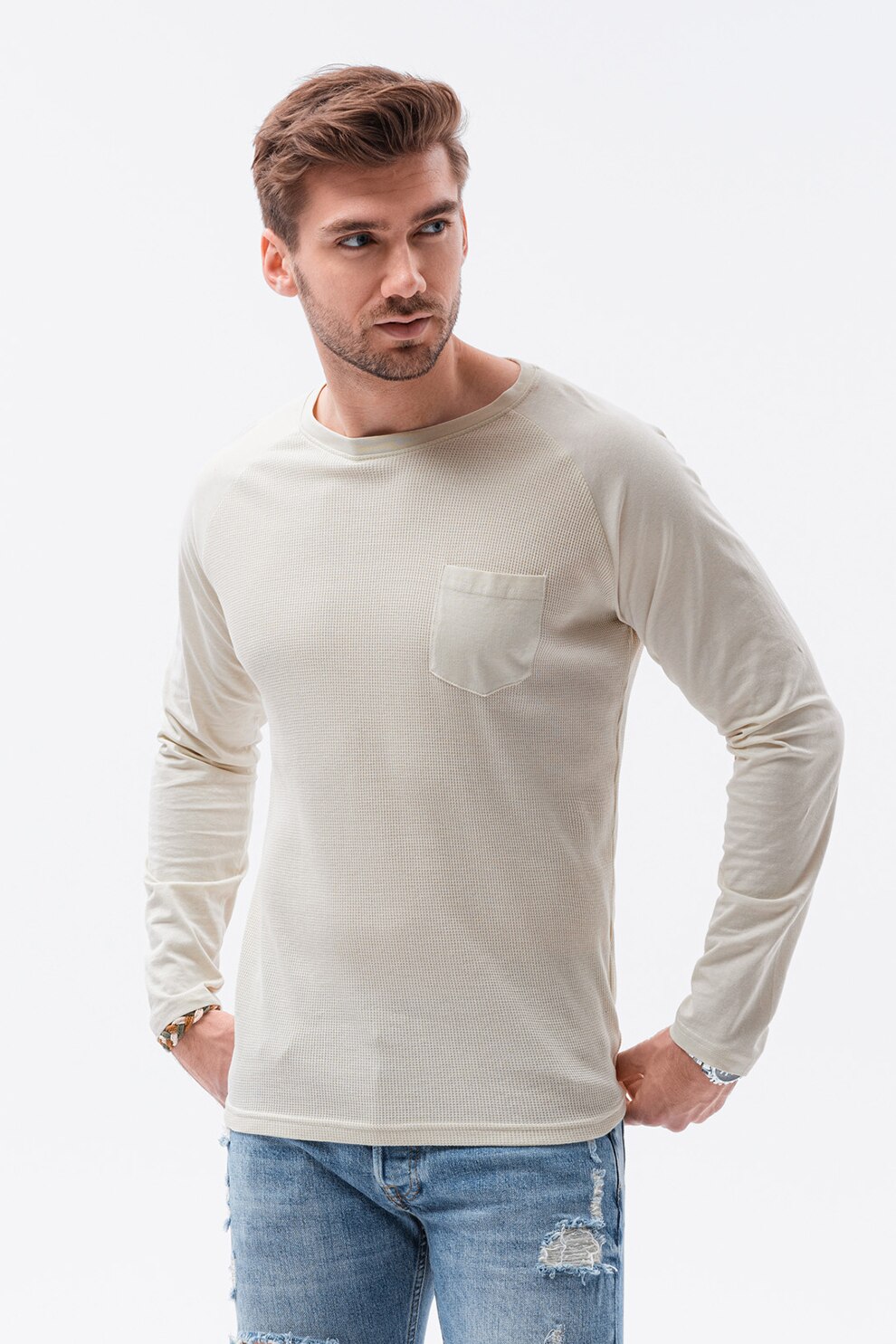 OMBRE, Bluza din bumbac cu buzunar pe piept, Gri deschis