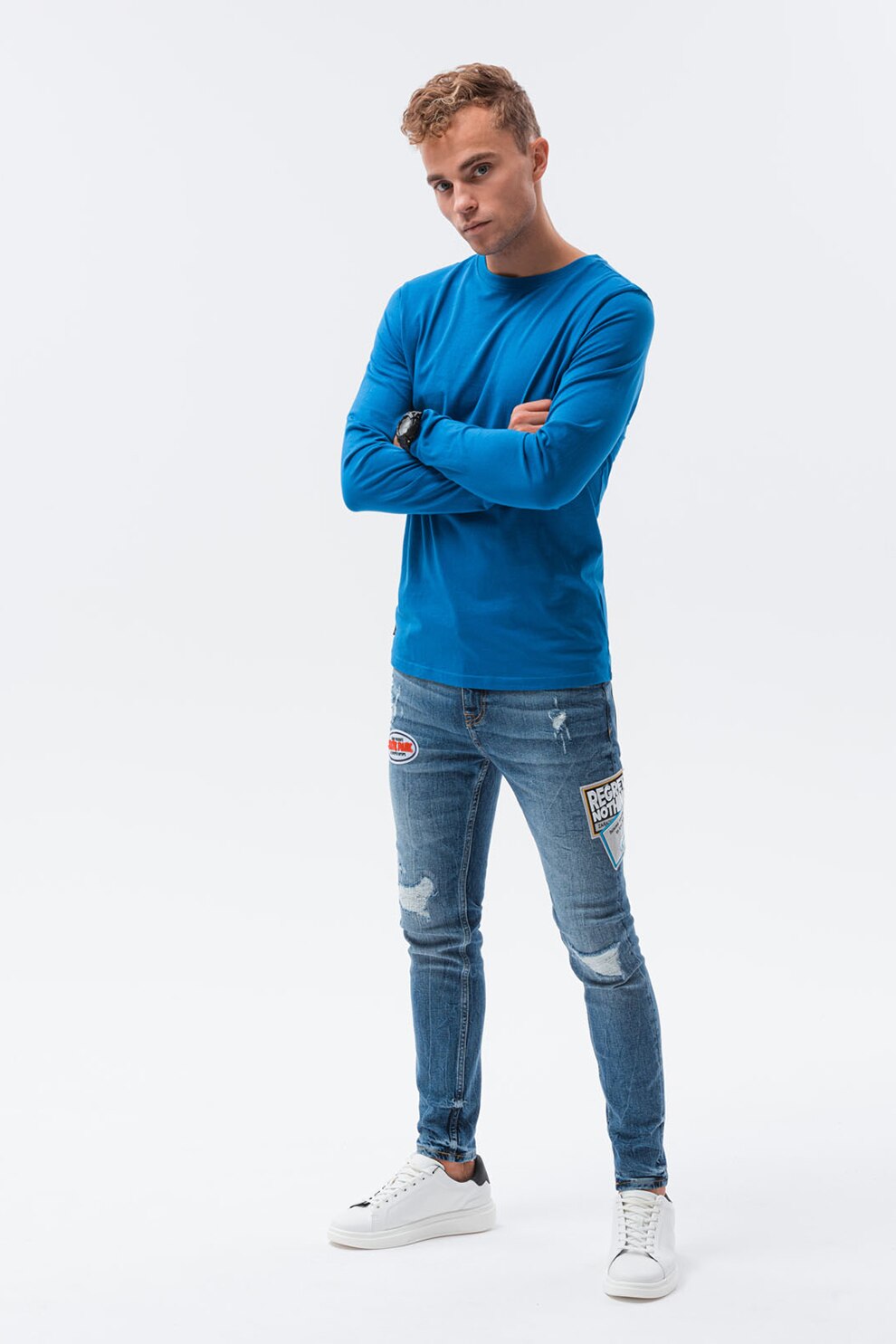 OMBRE, Bluza din bumbac cu decolteu la baza gatului, Albastru