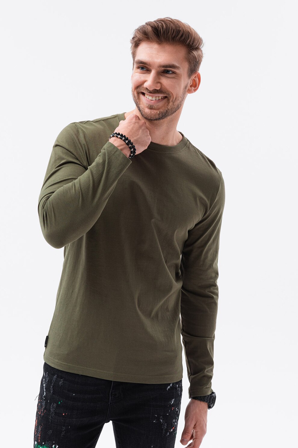 OMBRE, Bluza din bumbac cu decolteu la baza gatului, Verde militar