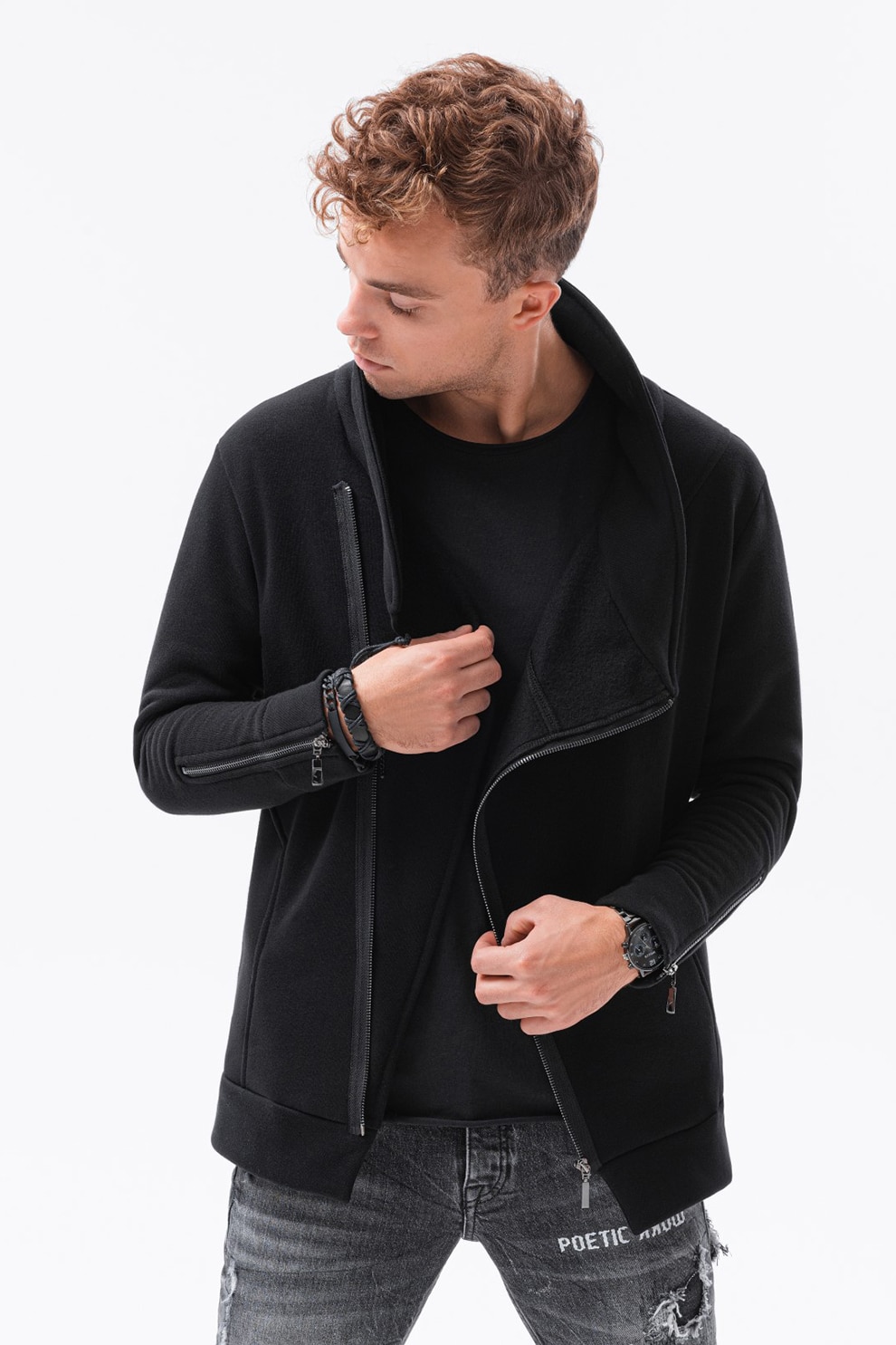 OMBRE, Bluza sport cu fermoar si guler inalt, Negru