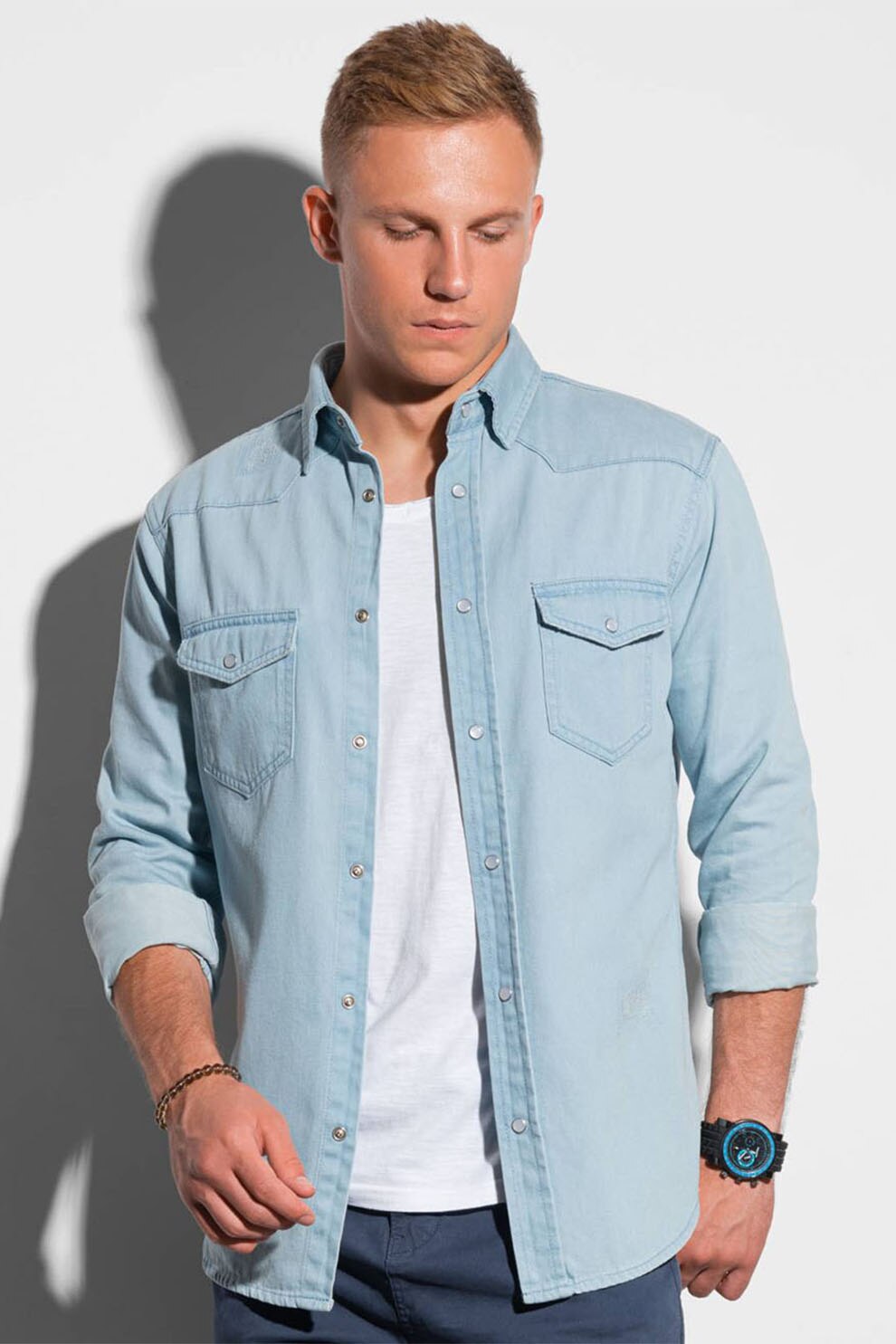 OMBRE, Camasa slim fit din material chambray cu buzunare pe piept, Albastru deschis