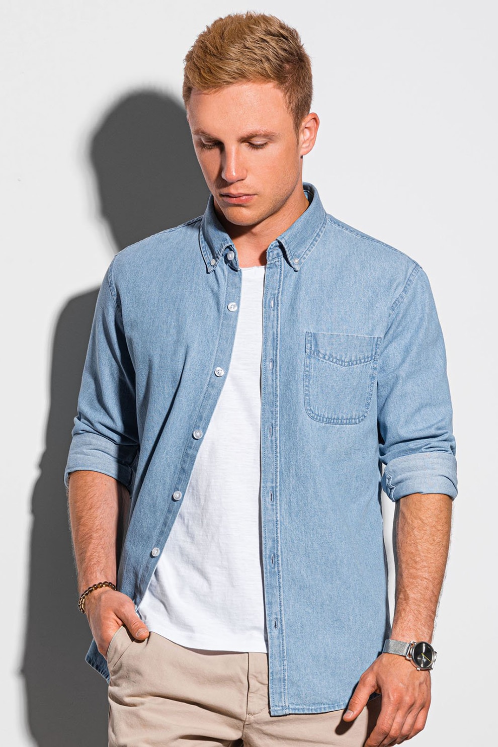 OMBRE, Camasa slim fit din material chambray cu buzunar aplicat pe piept, Albastru deschis