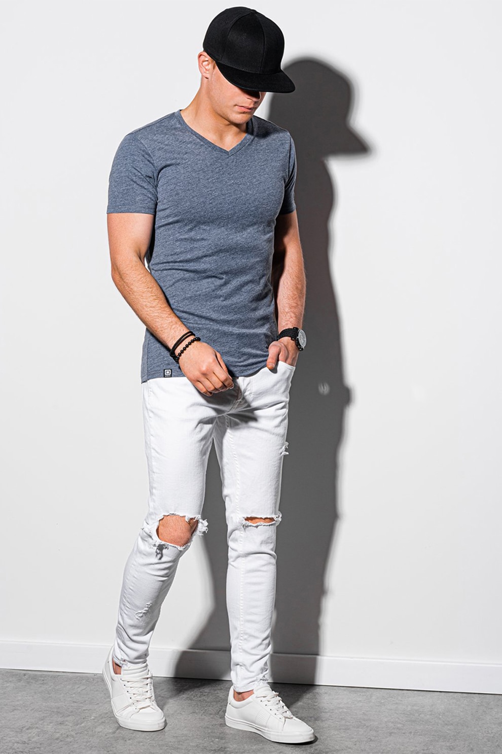 OMBRE, Tricou cu decolteu in V, Albastru melange