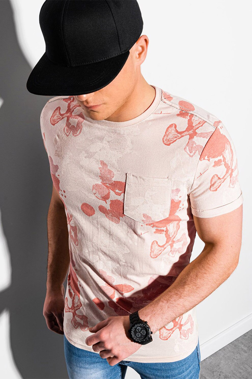 OMBRE, Tricou cu model si buzunar pe piept, Bej