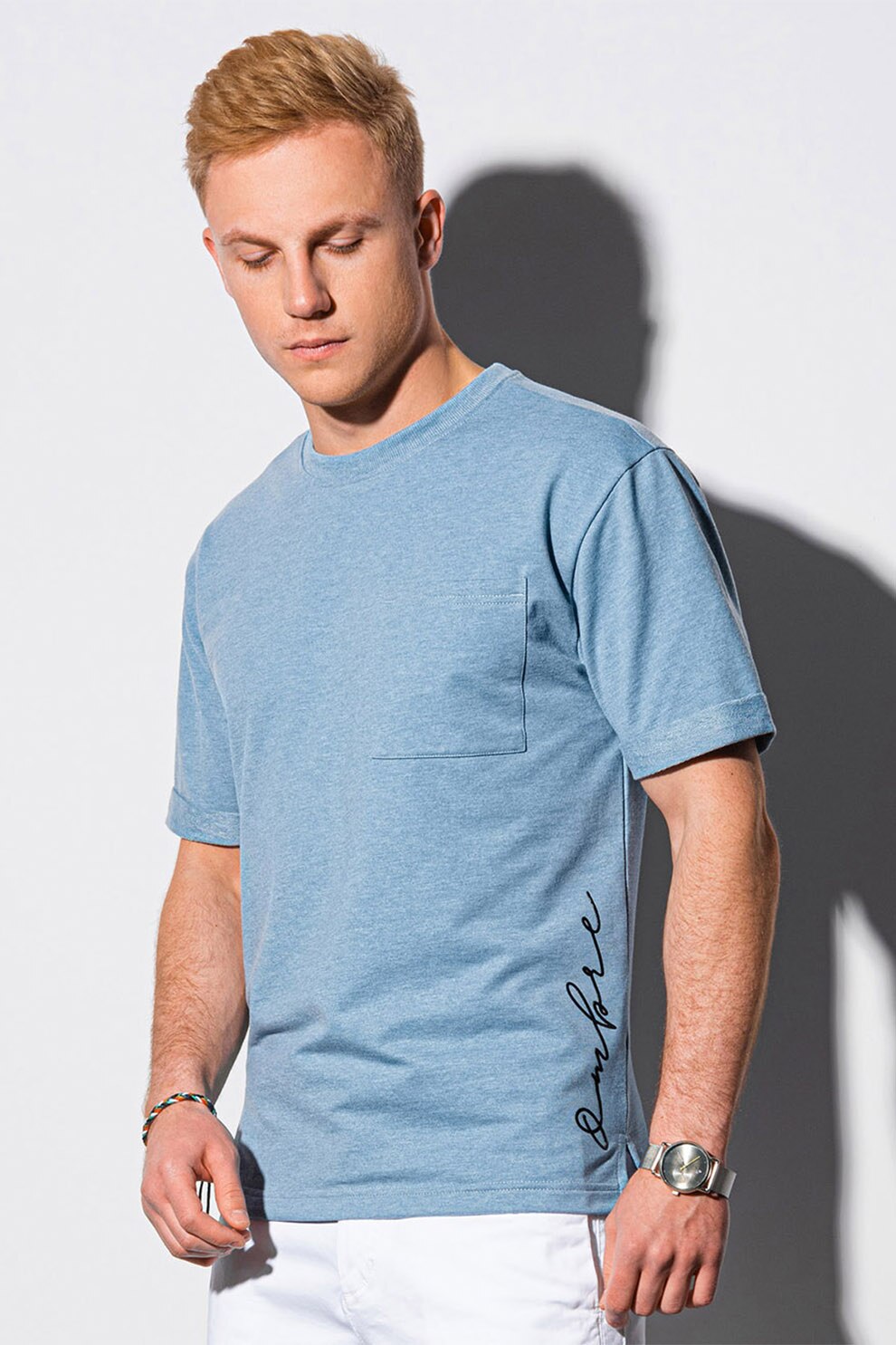 OMBRE, Tricou cu imprimeu si buzunar pe piept, Albastru