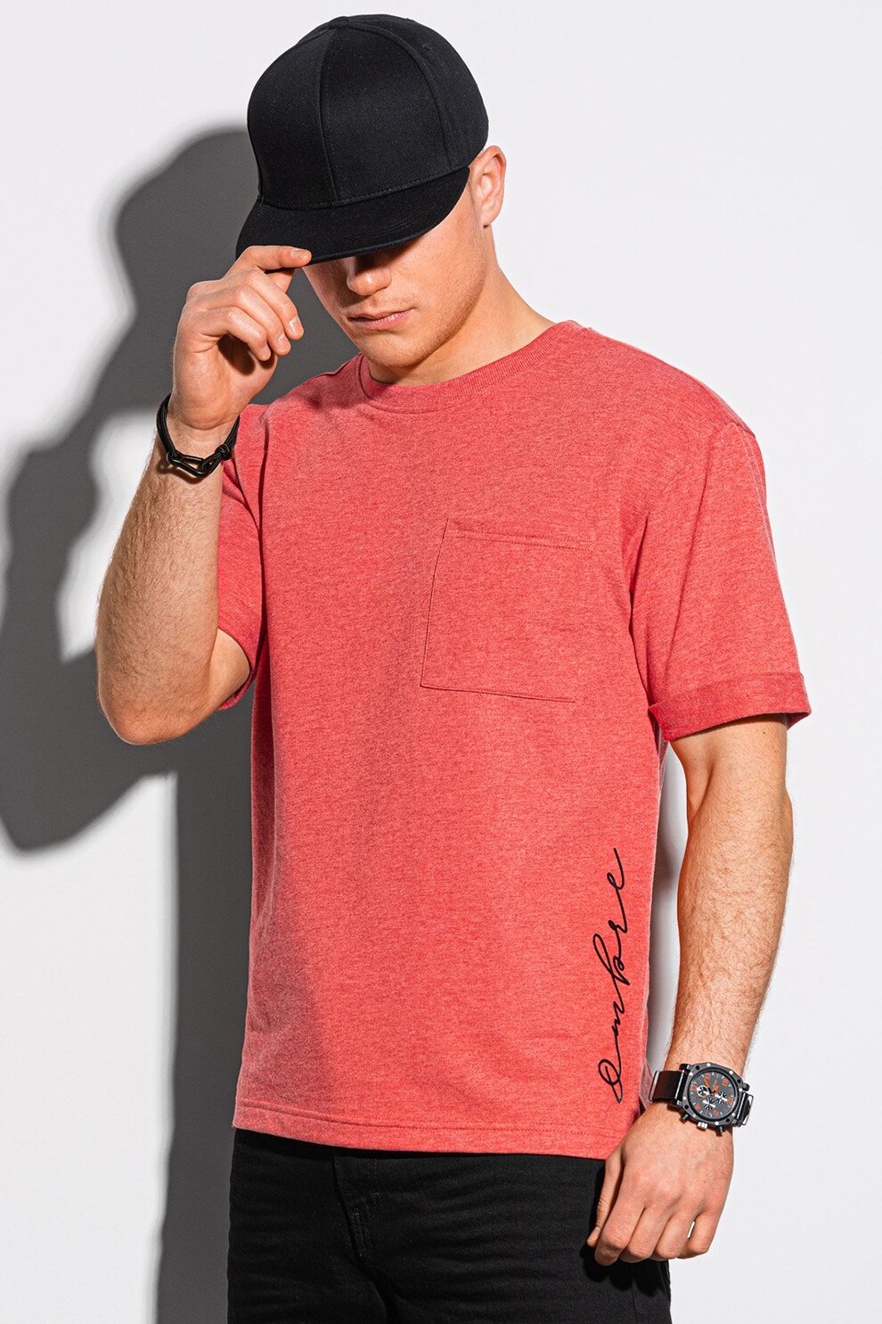 OMBRE, Tricou cu imprimeu si buzunar pe piept, Corai