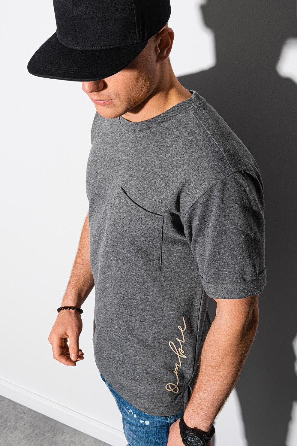 OMBRE, Tricou cu imprimeu si buzunar pe piept, Gri melange