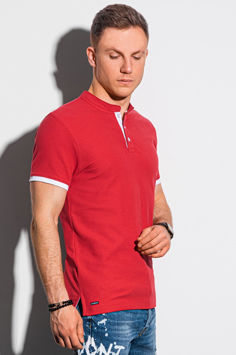 OMBRE, Tricou din bumbac cu decolteu henley, Rosu