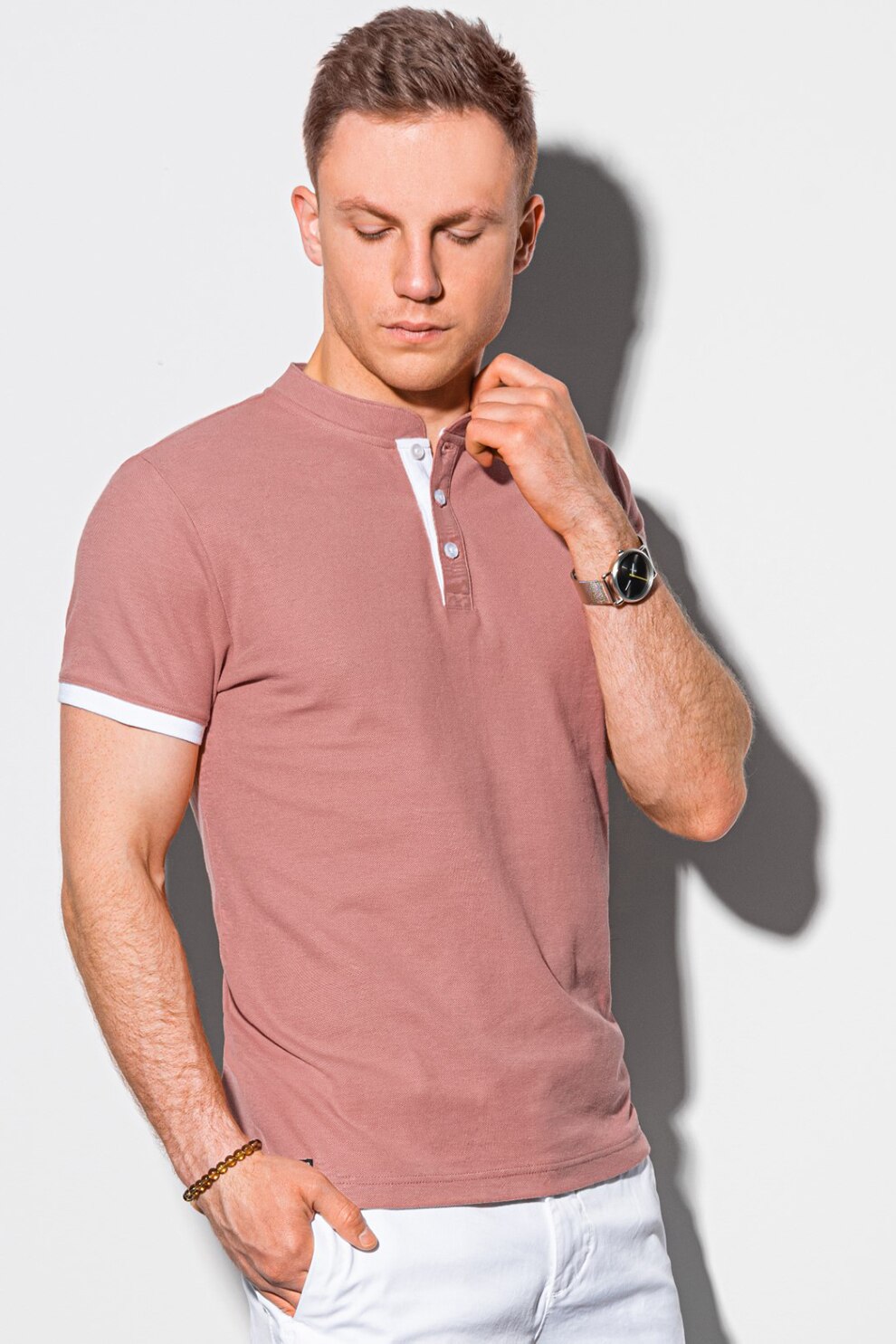 OMBRE, Tricou din bumbac cu decolteu henley, Roz prafuit