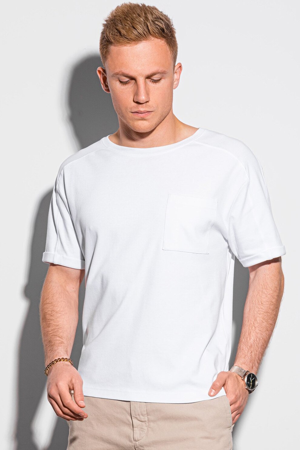 OMBRE, Tricou din bumbac cu buzunar pe piept, Alb