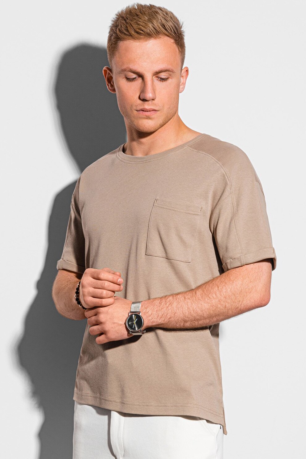 OMBRE, Tricou din bumbac cu buzunar pe piept, Cafeniu