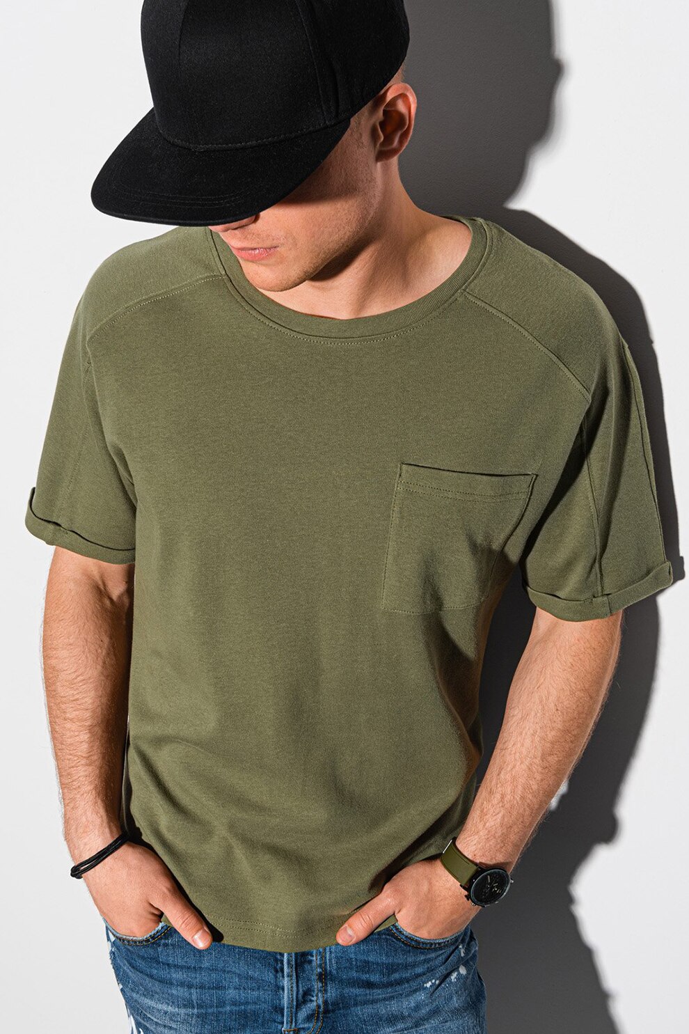 OMBRE, Tricou din bumbac cu buzunar pe piept, Verde militar