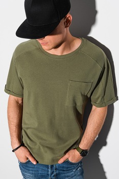 OMBRE, Tricou din bumbac cu buzunar pe piept, Verde militar