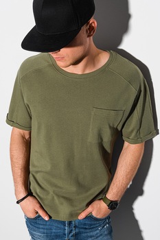 OMBRE, Tricou din bumbac cu buzunar pe piept, Verde militar OMBRE, Tricou din bumbac cu buzunar pe piept, Verde militar