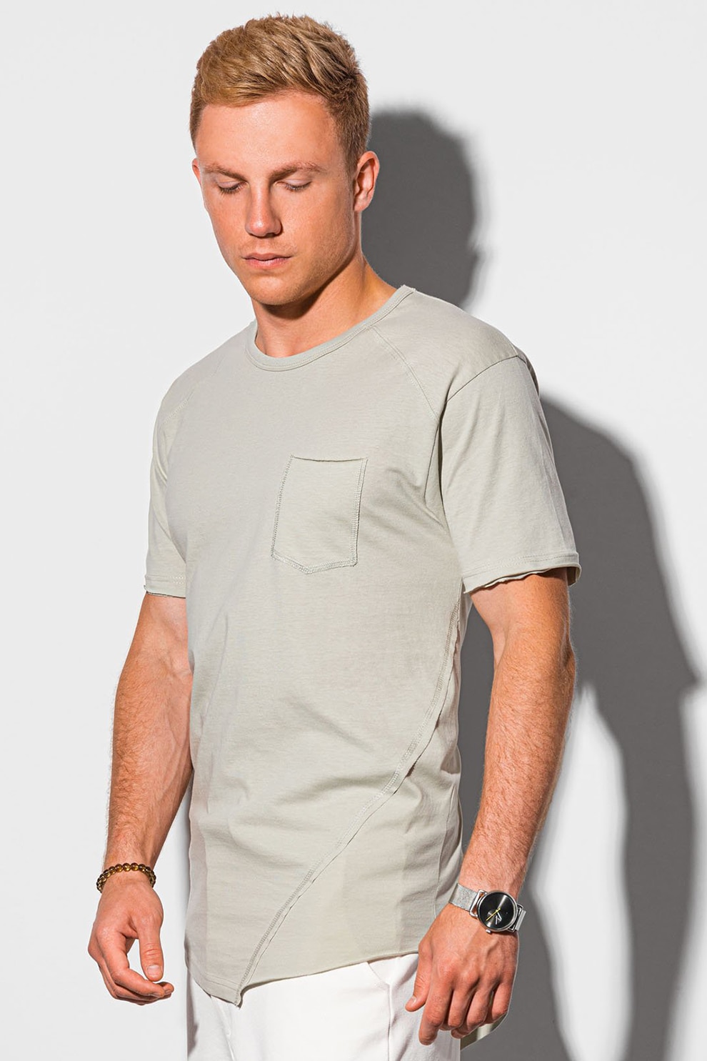 OMBRE, Tricou cu decolteu rotund si buzunare pe piept, Gri deschis