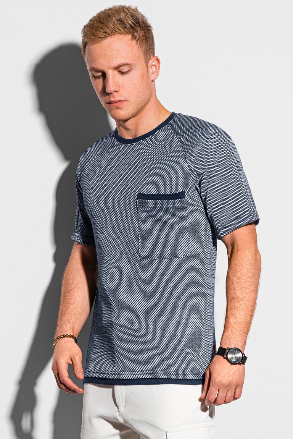 OMBRE, Tricou cu buzunar pe piept, Albastru melange