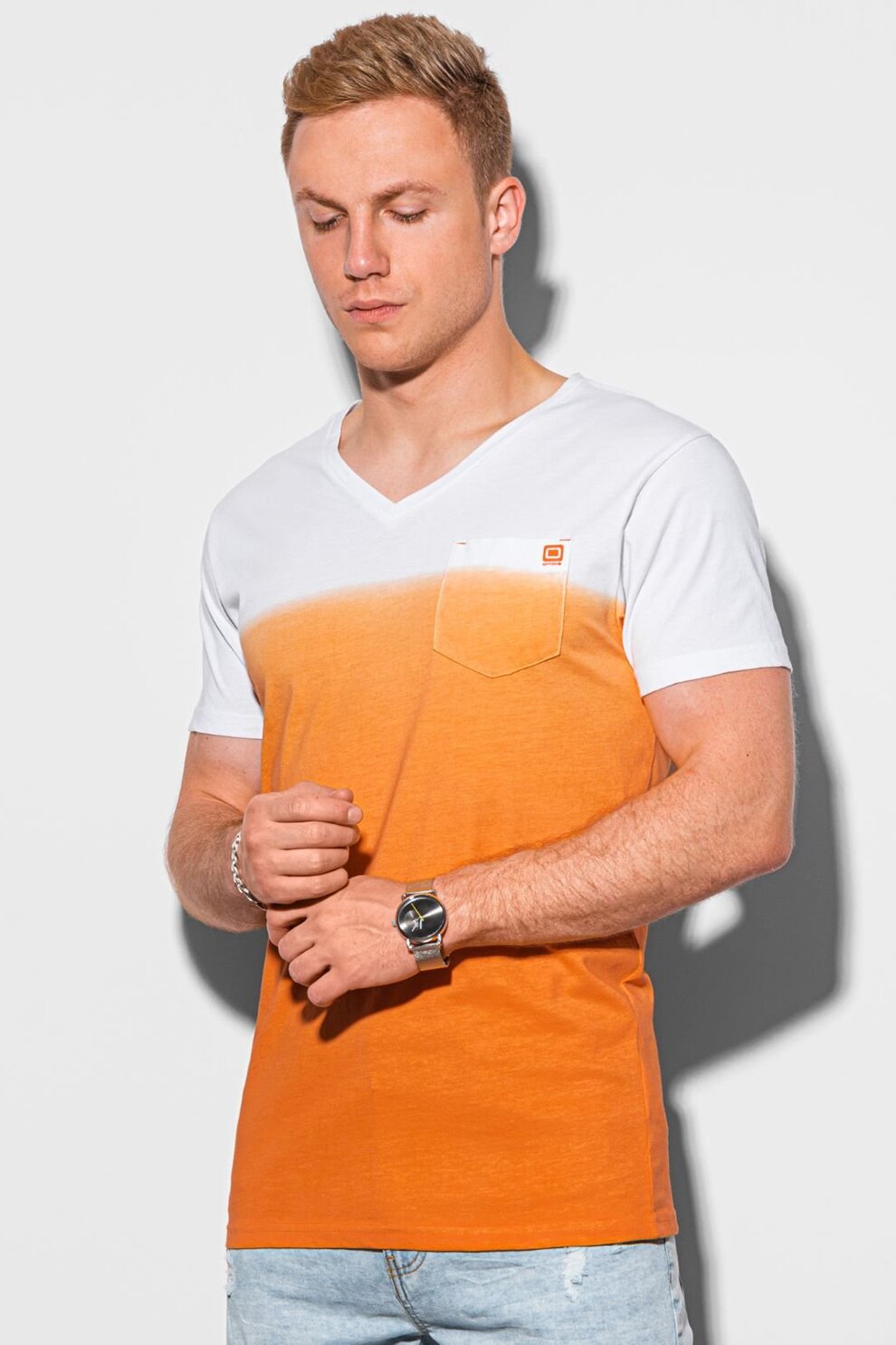 OMBRE, Tricou cu decolteu in V si buzunar pe piept, Portocaliu