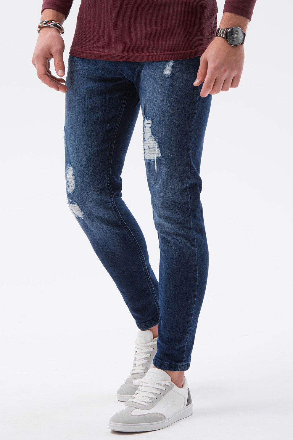 OMBRE, Blugi skinny cu aspect deteriorat, Albastru inchis