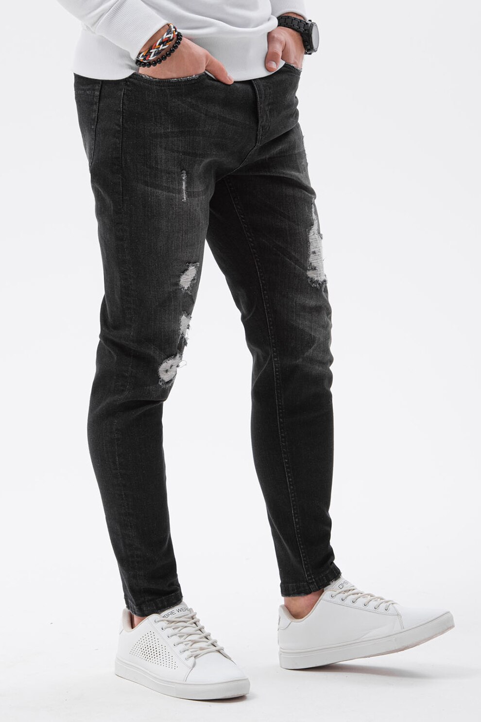 OMBRE, Blugi skinny cu aspect deteriorat, Negru stins