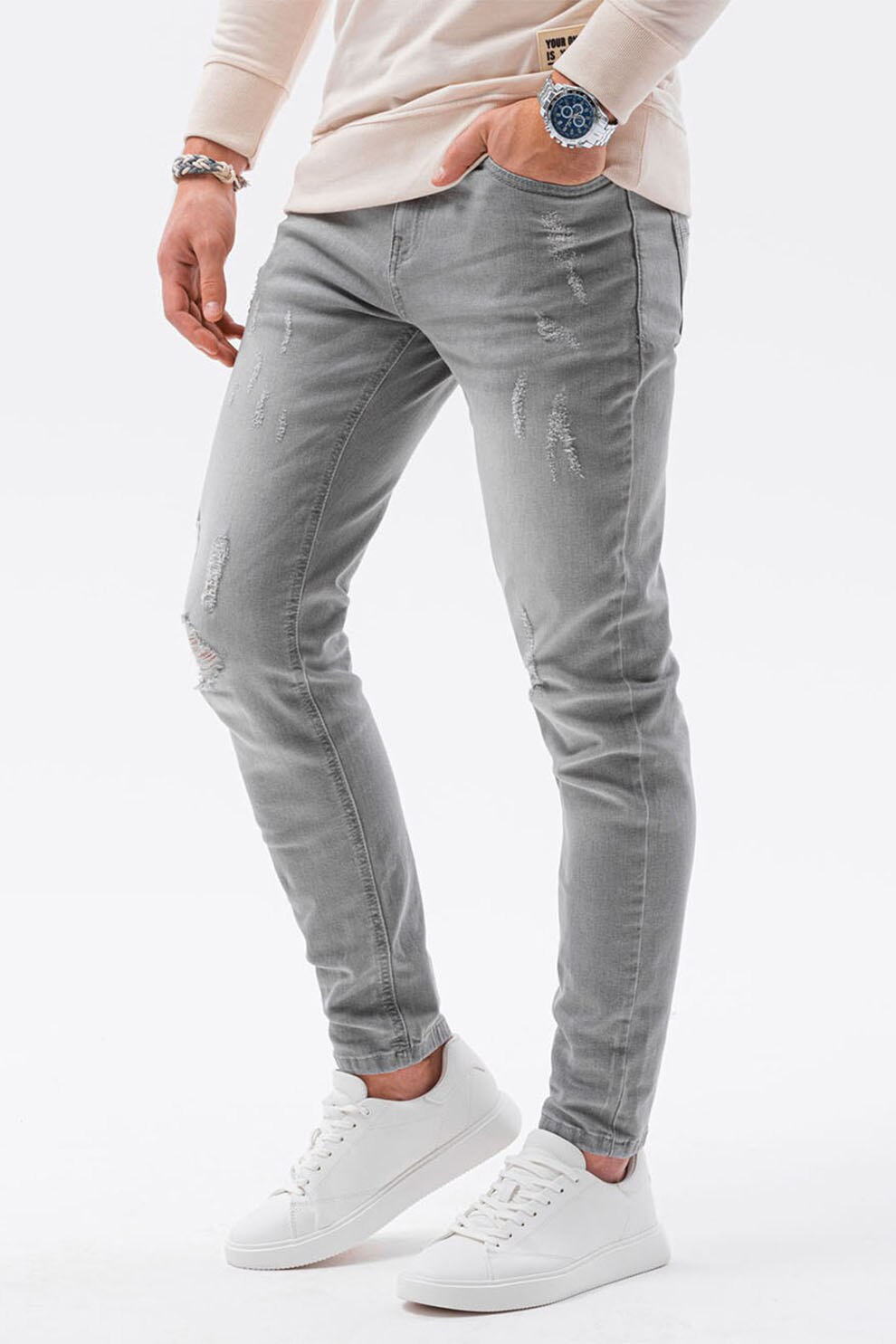 OMBRE, Blugi slim fit cu detalii cu aspect deteriorat, Gri