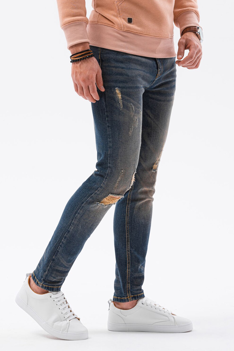 OMBRE, Blugi slim fit cu detalii cu aspect deteriorat, Albastru inchis