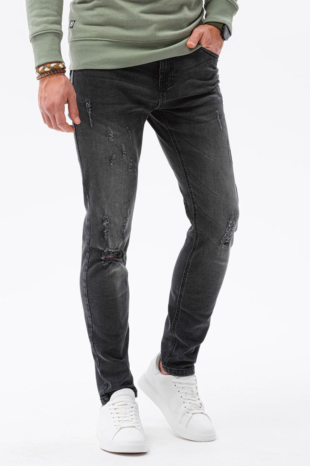 OMBRE, Blugi slim fit cu detalii cu aspect deteriorat, Negru stins